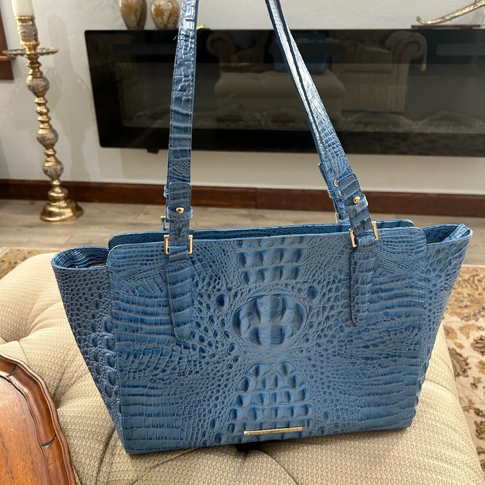 Brahmin Croc Embossed Tote Bag Blue  with Gold Hardware - Picture 2 of 13